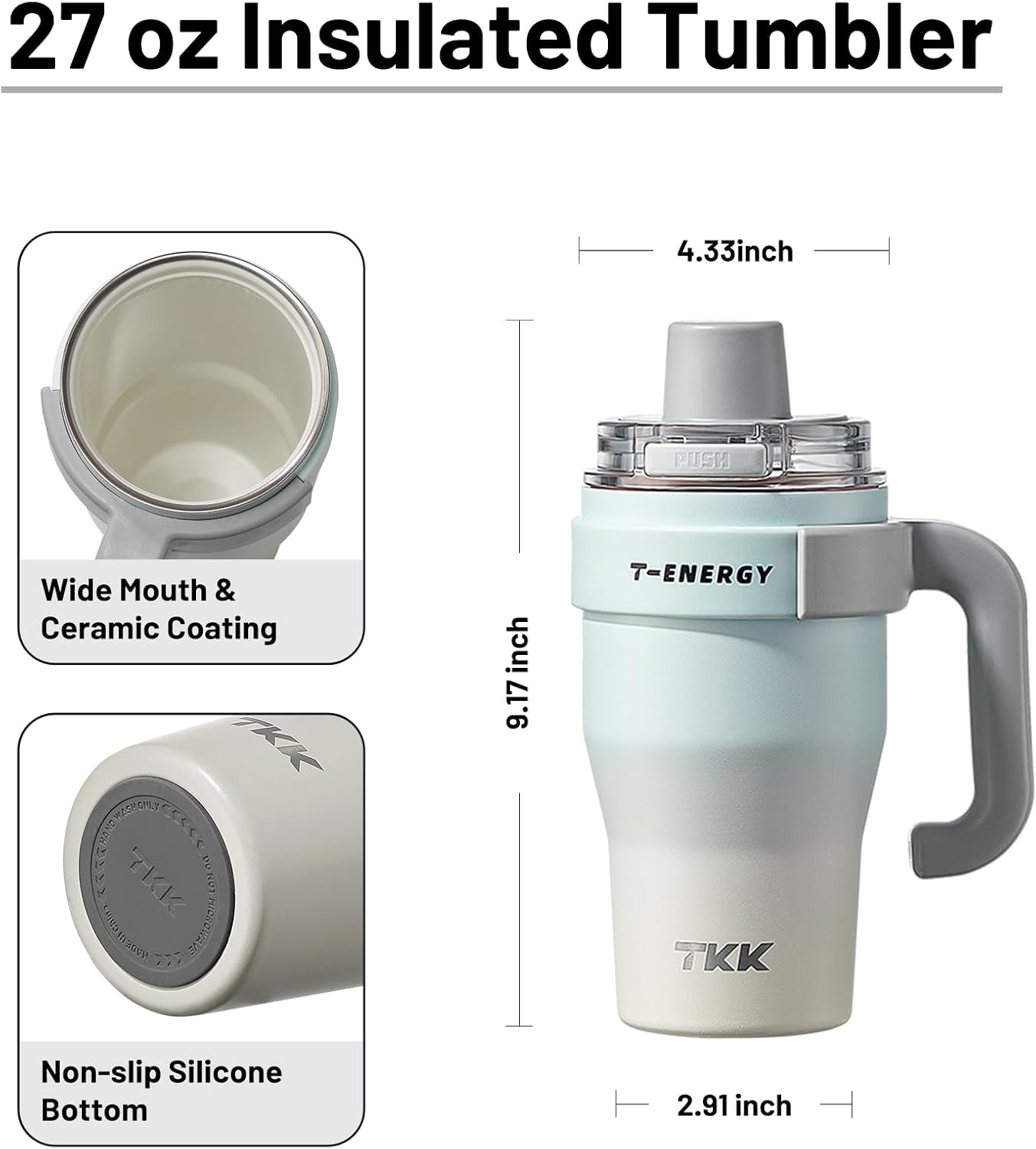 40 oz Tumblers with Handle and Straw, Ceramic Coating Insulated Bottle 100% Leakproof Travel Mug for Water, Iced Tea or Coffee, Smoothie, Cup Holder Friendly Base, BlueWhite