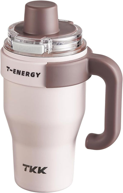40 oz Tumblers with Handle and Straw, Ceramic Coating Insulated Bottle 100% Leakproof Travel Mug for Water, Iced Tea or Coffee, Smoothie, Cup Holder Friendly Base, BlueWhite