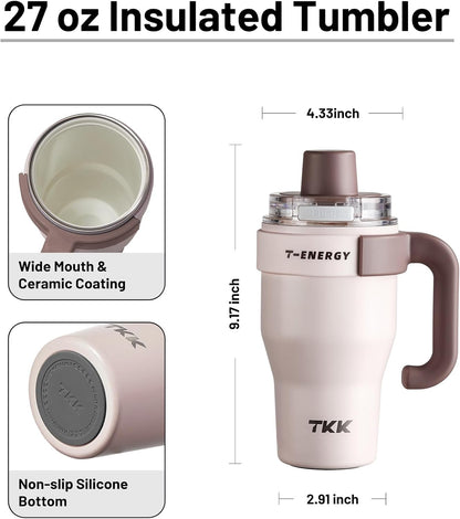 40 oz Tumblers with Handle and Straw, Ceramic Coating Insulated Bottle 100% Leakproof Travel Mug for Water, Iced Tea or Coffee, Smoothie, Cup Holder Friendly Base, BlueWhite