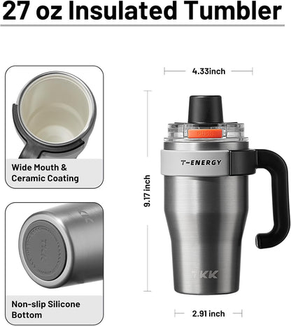 40 oz Tumblers with Handle and Straw, Ceramic Coating Insulated Bottle 100% Leakproof Travel Mug for Water, Iced Tea or Coffee, Smoothie, Cup Holder Friendly Base, BlueWhite