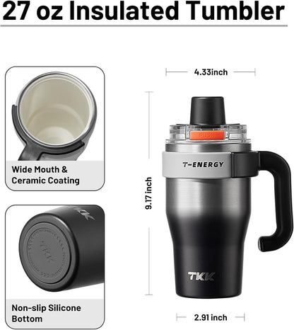 40 oz Tumblers with Handle and Straw, Ceramic Coating Insulated Bottle 100% Leakproof Travel Mug for Water, Iced Tea or Coffee, Smoothie, Cup Holder Friendly Base, BlueWhite