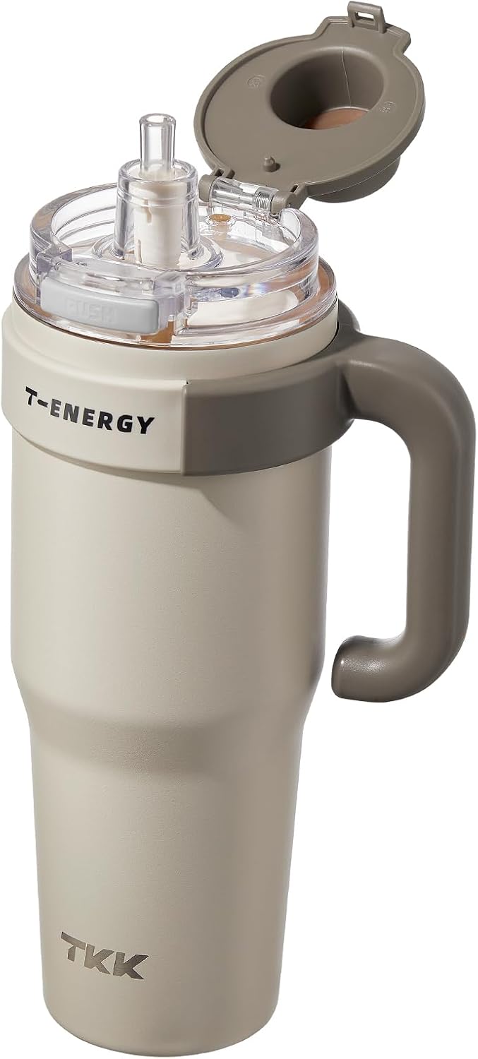 40 oz Tumblers with Handle and Straw, Ceramic Coating Insulated Bottle 100% Leakproof Travel Mug for Water, Iced Tea or Coffee, Smoothie, Cup Holder Friendly Base, BlueWhite