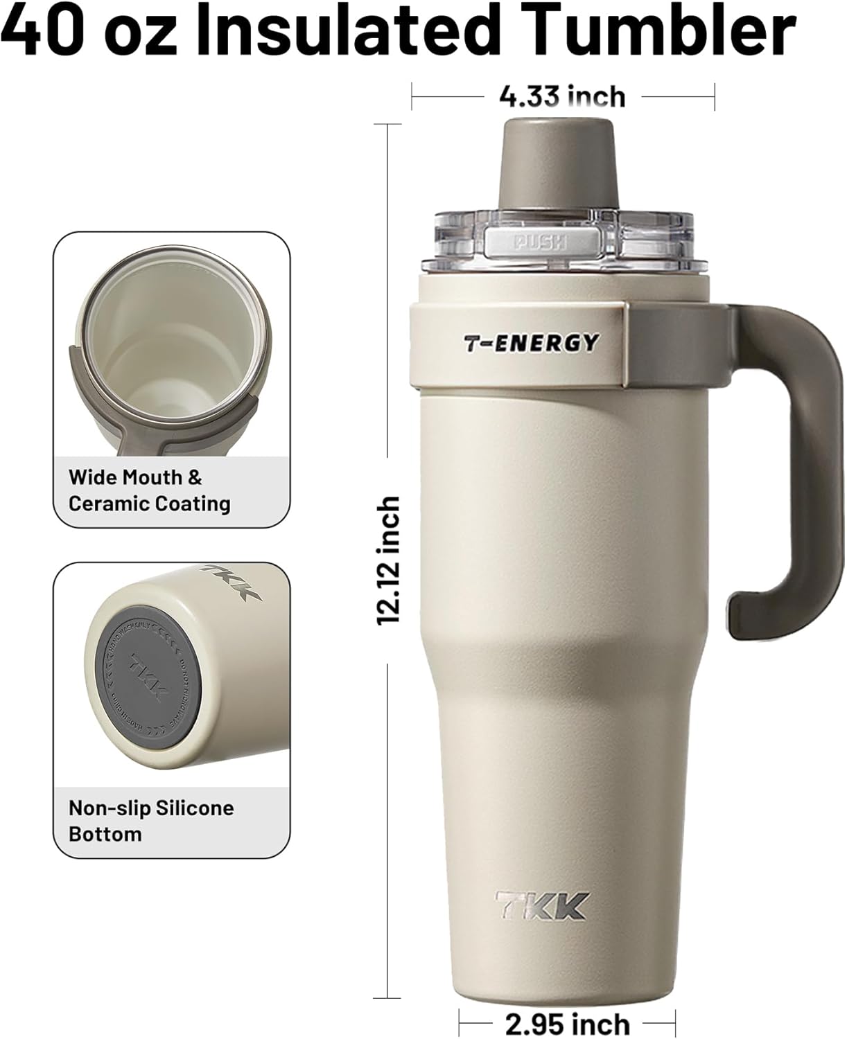40 oz Tumblers with Handle and Straw, Ceramic Coating Insulated Bottle 100% Leakproof Travel Mug for Water, Iced Tea or Coffee, Smoothie, Cup Holder Friendly Base, BlueWhite