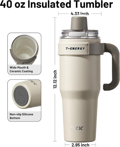 40 oz Tumblers with Handle and Straw, Ceramic Coating Insulated Bottle 100% Leakproof Travel Mug for Water, Iced Tea or Coffee, Smoothie, Cup Holder Friendly Base, BlueWhite