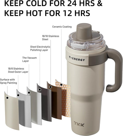 40 oz Tumblers with Handle and Straw, Ceramic Coating Insulated Bottle 100% Leakproof Travel Mug for Water, Iced Tea or Coffee, Smoothie, Cup Holder Friendly Base, BlueWhite