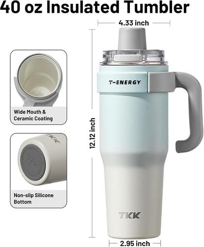 40 oz Tumblers with Handle and Straw, Ceramic Coating Insulated Bottle 100% Leakproof Travel Mug for Water, Iced Tea or Coffee, Smoothie, Cup Holder Friendly Base, BlueWhite