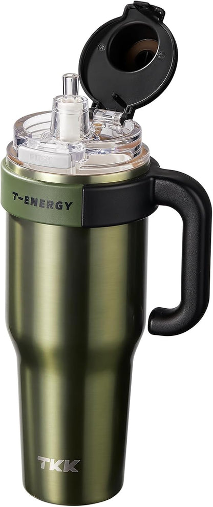 40 oz Tumblers with Handle and Straw, Ceramic Coating Insulated Bottle 100% Leakproof Travel Mug for Water, Iced Tea or Coffee, Smoothie, Cup Holder Friendly Base, BlueWhite