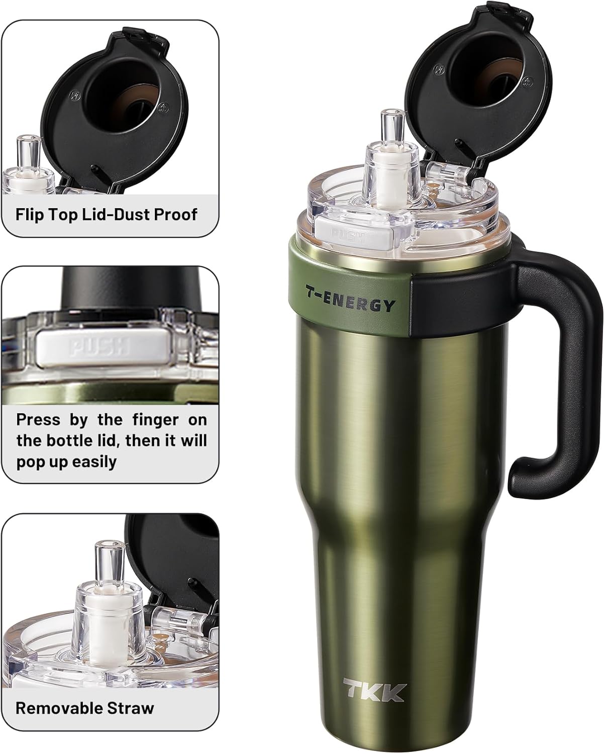 40 oz Tumblers with Handle and Straw, Ceramic Coating Insulated Bottle 100% Leakproof Travel Mug for Water, Iced Tea or Coffee, Smoothie, Cup Holder Friendly Base, BlueWhite