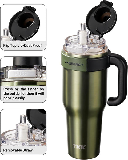 40 oz Tumblers with Handle and Straw, Ceramic Coating Insulated Bottle 100% Leakproof Travel Mug for Water, Iced Tea or Coffee, Smoothie, Cup Holder Friendly Base, BlueWhite
