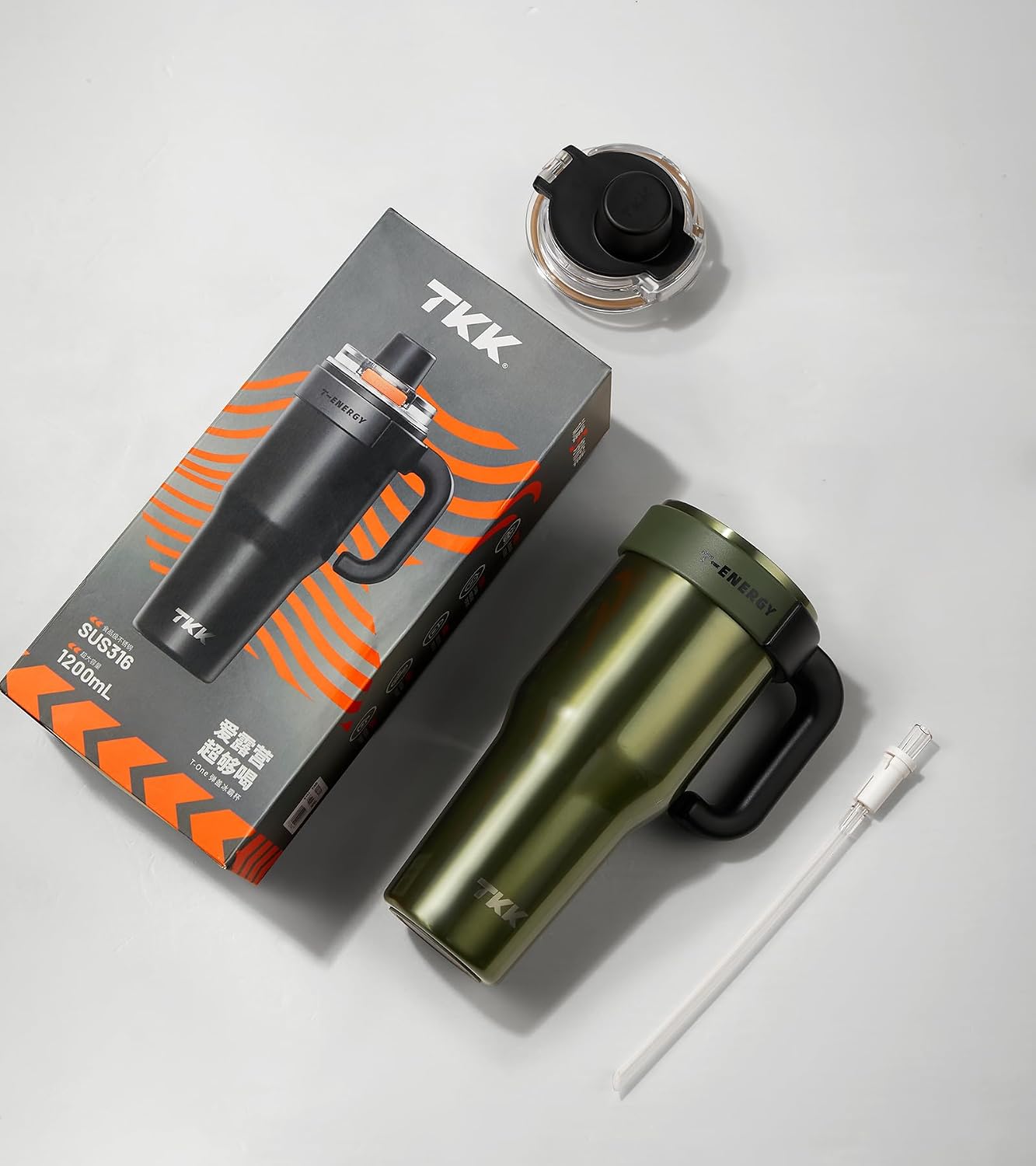 40 oz Tumblers with Handle and Straw, Ceramic Coating Insulated Bottle 100% Leakproof Travel Mug for Water, Iced Tea or Coffee, Smoothie, Cup Holder Friendly Base, BlueWhite