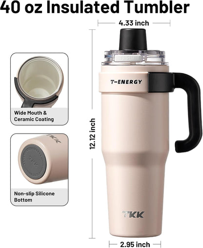40 oz Tumblers with Handle and Straw, Ceramic Coating Insulated Bottle 100% Leakproof Travel Mug for Water, Iced Tea or Coffee, Smoothie, Cup Holder Friendly Base, BlueWhite