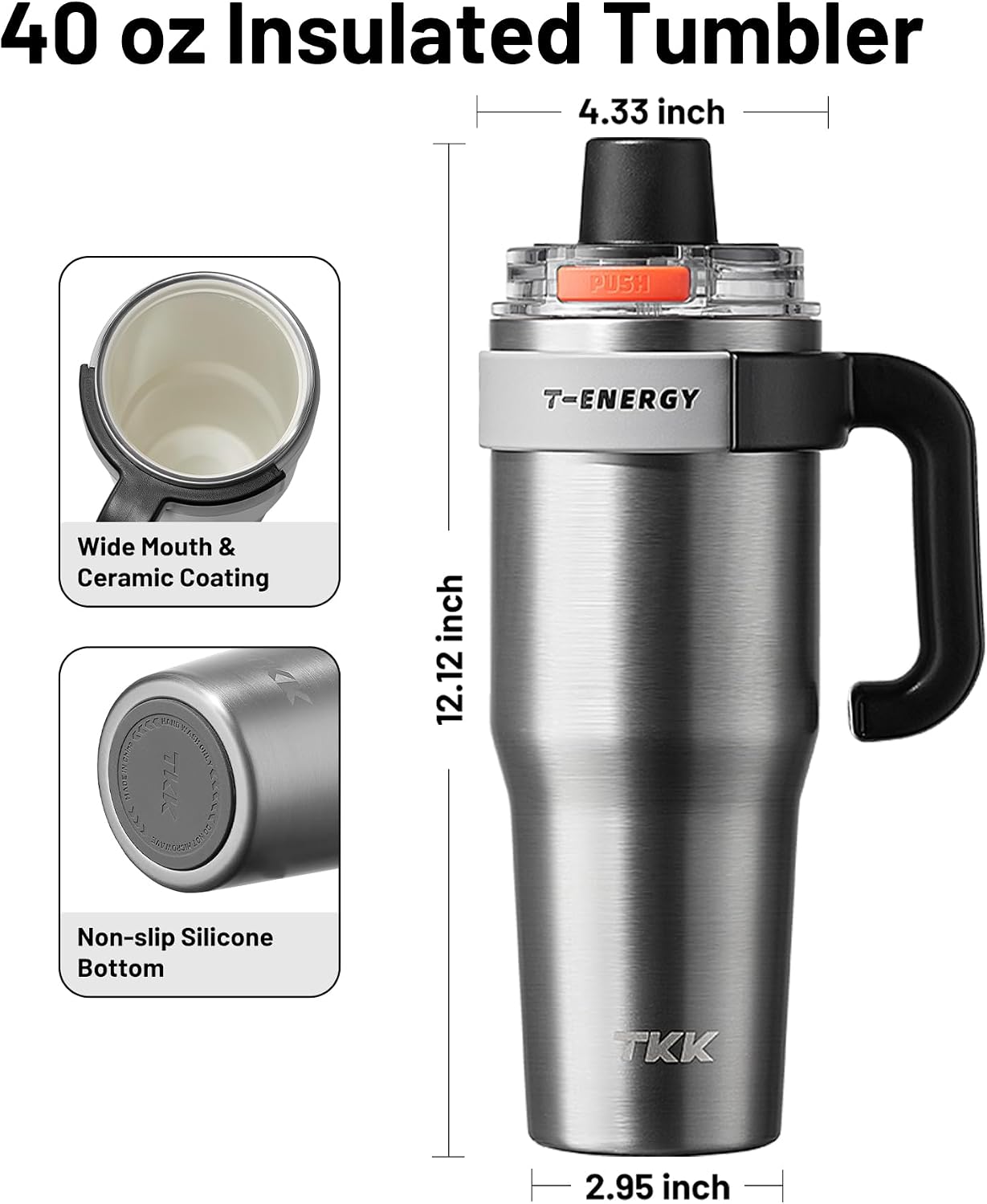 40 oz Tumblers with Handle and Straw, Ceramic Coating Insulated Bottle 100% Leakproof Travel Mug for Water, Iced Tea or Coffee, Smoothie, Cup Holder Friendly Base, BlueWhite