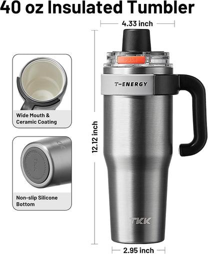 40 oz Tumblers with Handle and Straw, Ceramic Coating Insulated Bottle 100% Leakproof Travel Mug for Water, Iced Tea or Coffee, Smoothie, Cup Holder Friendly Base, BlueWhite
