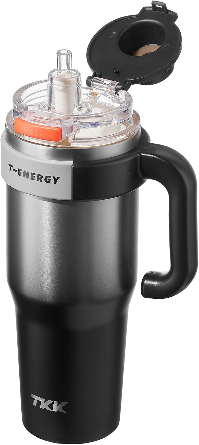 40 oz Tumblers with Handle and Straw, Ceramic Coating Insulated Bottle 100% Leakproof Travel Mug for Water, Iced Tea or Coffee, Smoothie, Cup Holder Friendly Base, BlueWhite