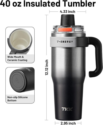 40 oz Tumblers with Handle and Straw, Ceramic Coating Insulated Bottle 100% Leakproof Travel Mug for Water, Iced Tea or Coffee, Smoothie, Cup Holder Friendly Base, BlueWhite
