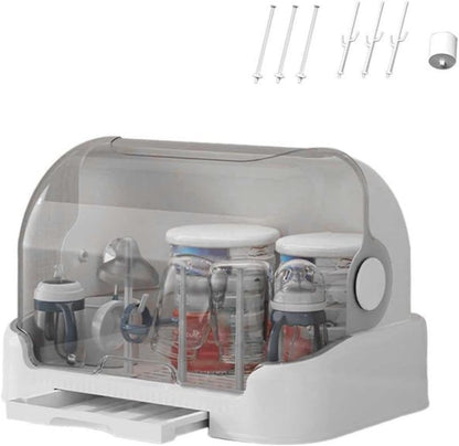 Baby Bottle Drying Rack with Lid,Baby Bottle Storage with Removable Drain,Tray Space Saving Infant Bottle Rack Dryer Reusable Bottle Rack Holder for Infant,Maintain Hygiene, Dust Proof (Grey)