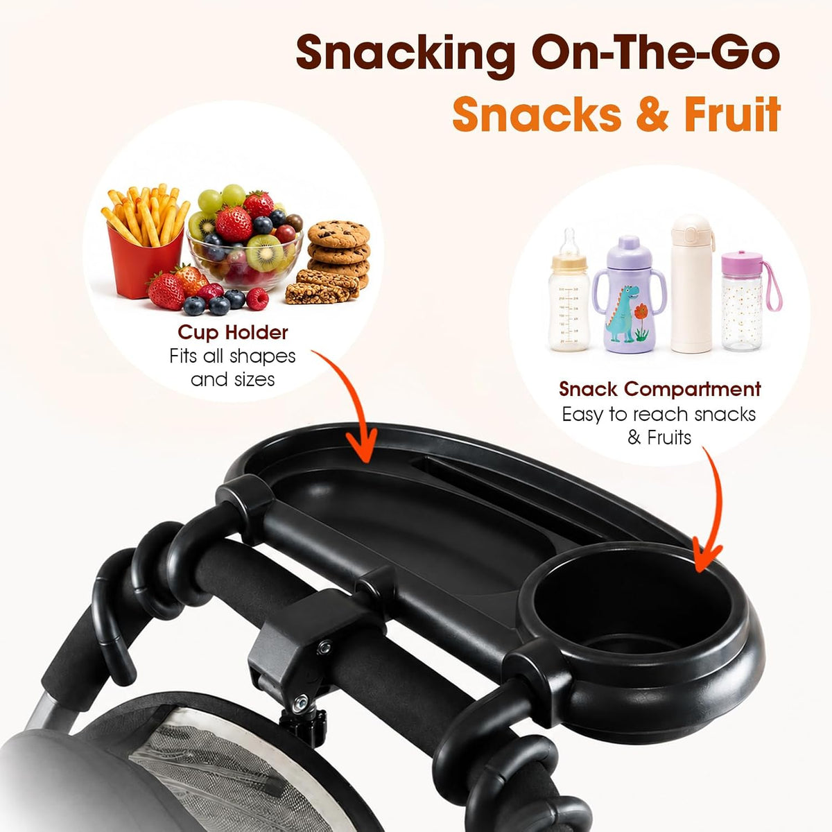 Universal Stroller Snack Tray, Compatible with Nuna Uppababy Mockingbird | Stroller Snack Tray Attachment with Cup Holder 3 in 1 | Clip On Baby Stroller Accessories for Toddler Snacking On The Go