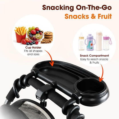 Universal Stroller Snack Tray, Compatible with Nuna Uppababy Mockingbird | Stroller Snack Tray Attachment with Cup Holder 3 in 1 | Clip On Baby Stroller Accessories for Toddler Snacking On The Go