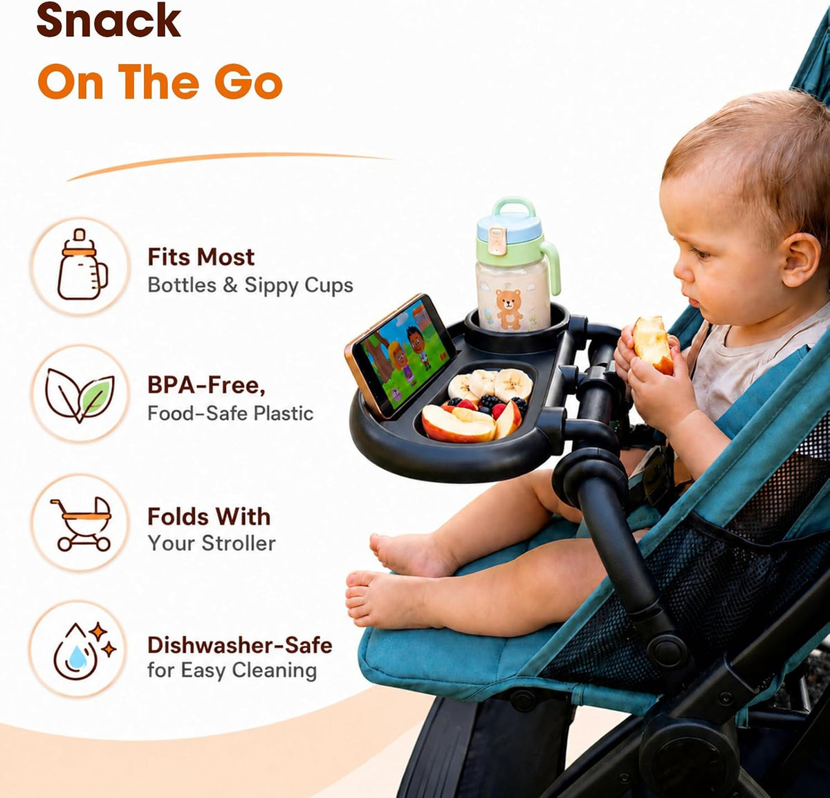 Universal Stroller Snack Tray, Compatible with Nuna Uppababy Mockingbird | Stroller Snack Tray Attachment with Cup Holder 3 in 1 | Clip On Baby Stroller Accessories for Toddler Snacking On The Go