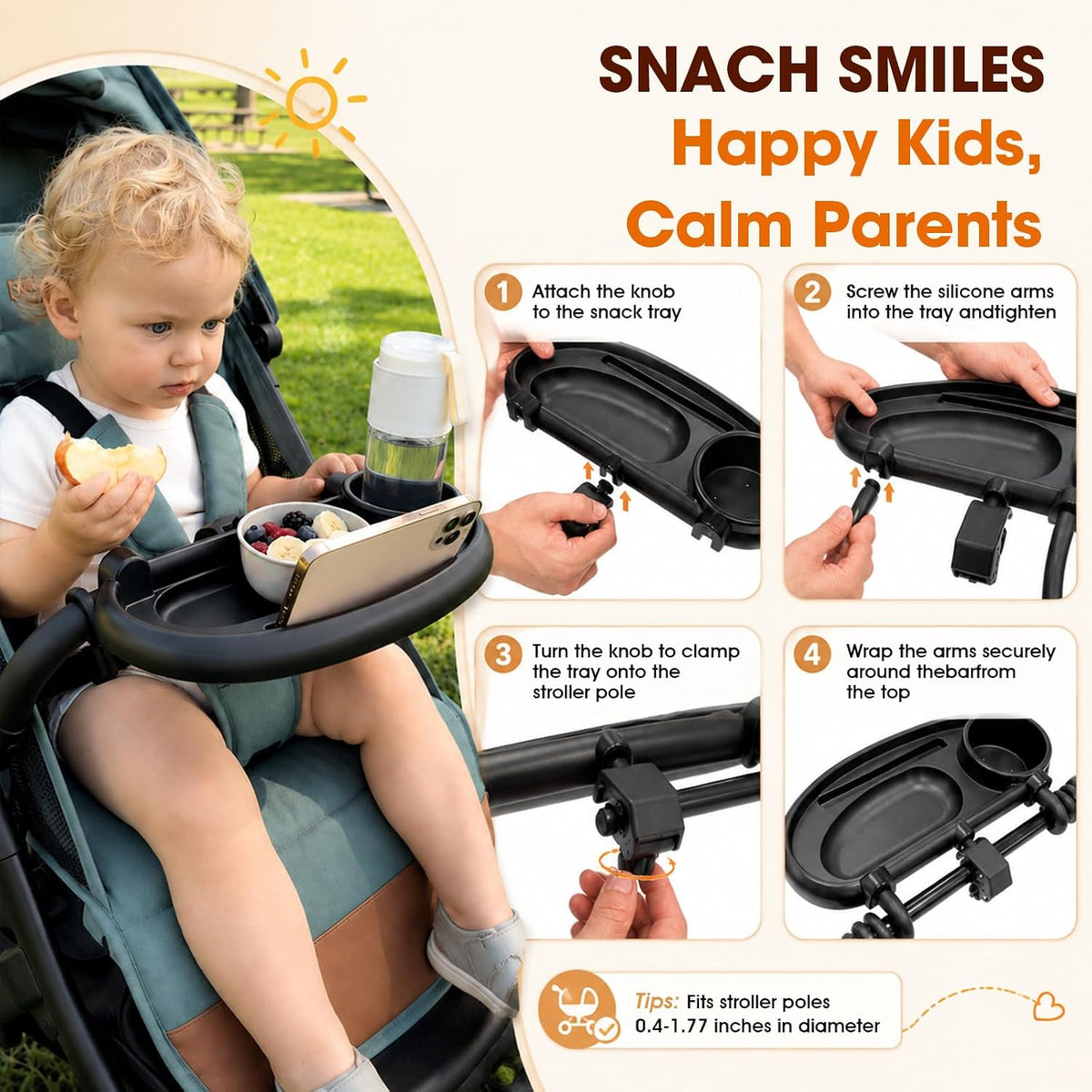 Universal Stroller Snack Tray, Compatible with Nuna Uppababy Mockingbird | Stroller Snack Tray Attachment with Cup Holder 3 in 1 | Clip On Baby Stroller Accessories for Toddler Snacking On The Go