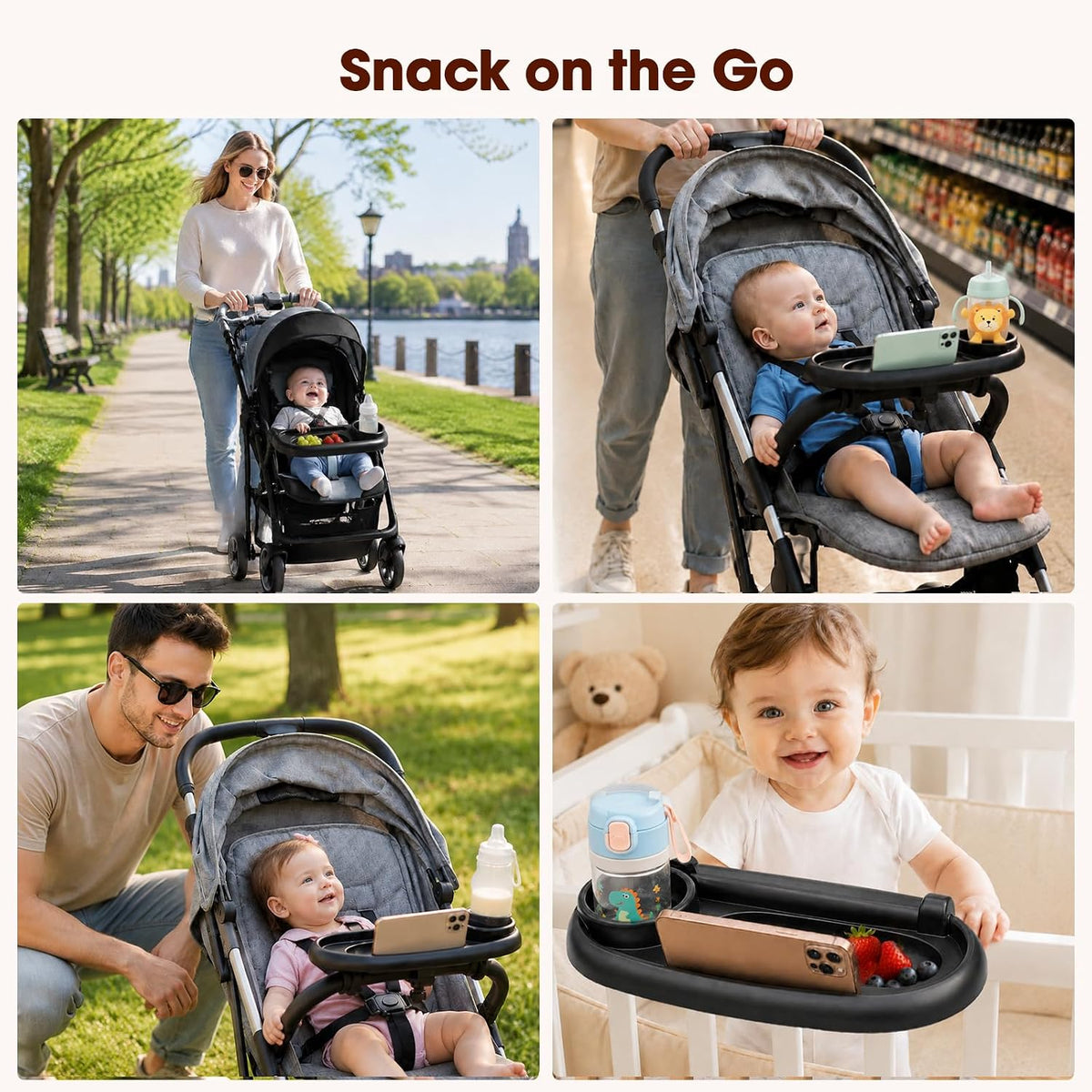 Universal Stroller Snack Tray, Compatible with Nuna Uppababy Mockingbird | Stroller Snack Tray Attachment with Cup Holder 3 in 1 | Clip On Baby Stroller Accessories for Toddler Snacking On The Go