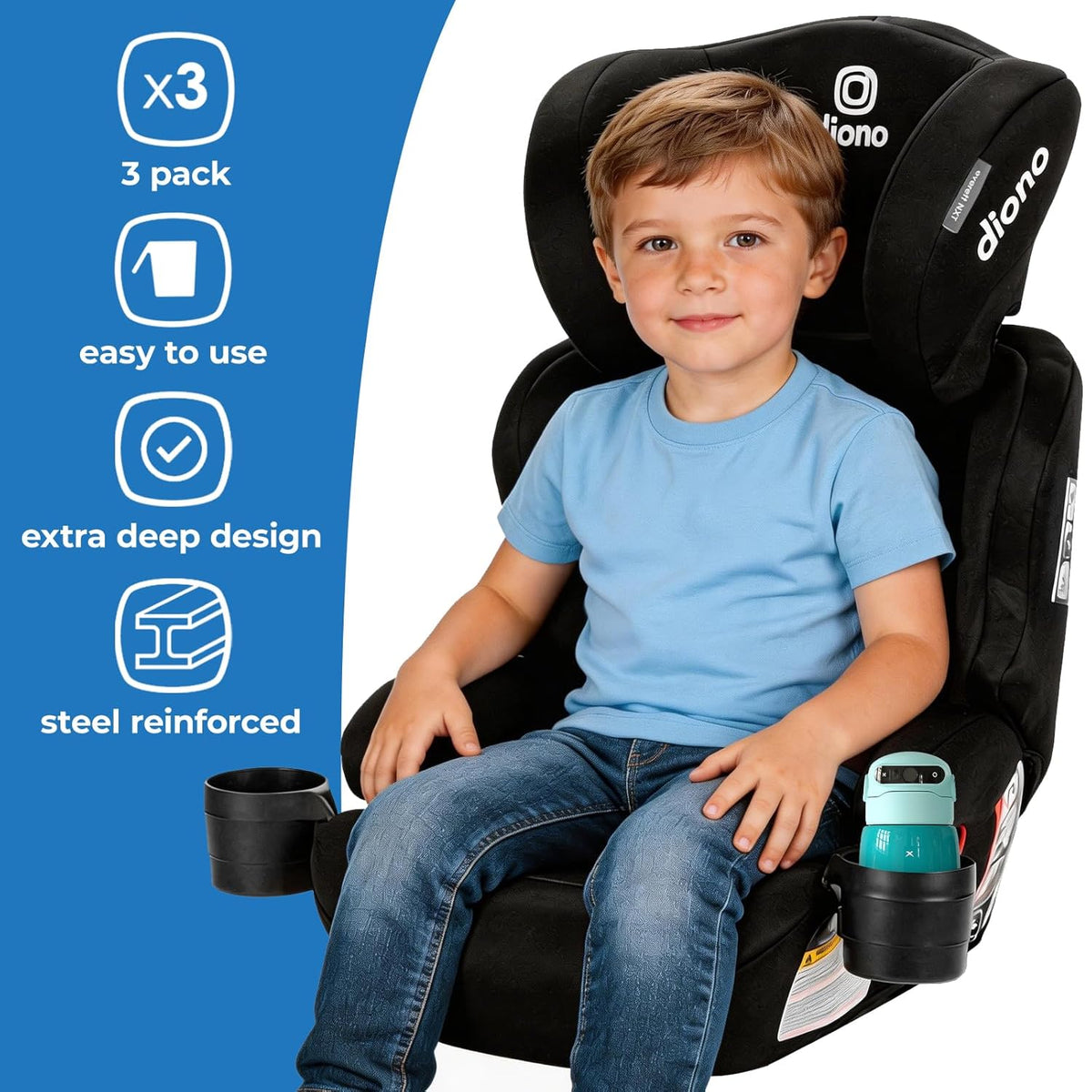 XL Car Seat Cup Holders for Radian and Everett Car Seats, Pack of 3 Cup Holders, Black