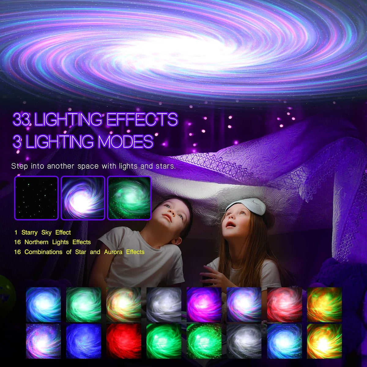 Northern Galaxy Light Aurora Projector with 33 Light Effects, Night Lights LED Star Projector for Bedroom Nebula Lamp, Remote Control, White Noises, Bluetooth Speaker for Parties Black
