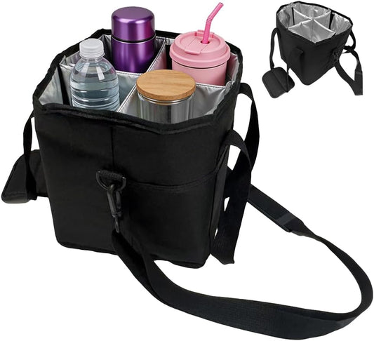 Family Size 4 Compartment Insulated Drink Bag, Portable 4 Cup Carrier with Shoulder Strap & Handle, Reusable Tote for Coffee Tumblers Water Bottles Picnic Hiking Daily Commute