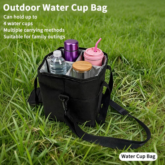 Family Size 4 Compartment Insulated Drink Bag, Portable 4 Cup Carrier with Shoulder Strap & Handle, Reusable Tote for Coffee Tumblers Water Bottles Picnic Hiking Daily Commute