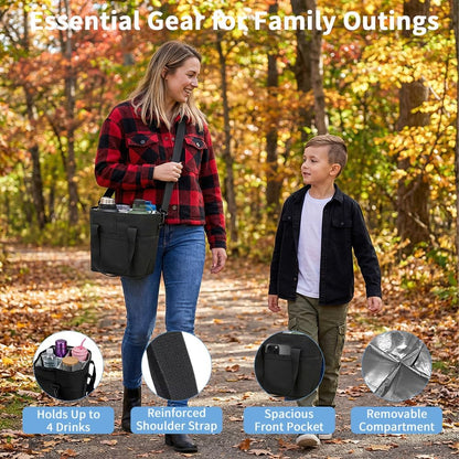 Family Size 4 Compartment Insulated Drink Bag, Portable 4 Cup Carrier with Shoulder Strap & Handle, Reusable Tote for Coffee Tumblers Water Bottles Picnic Hiking Daily Commute
