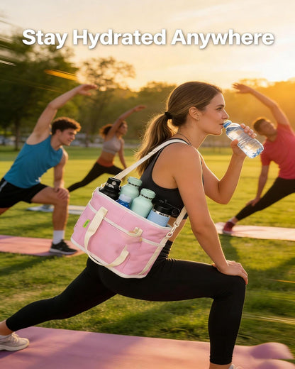 Family Size 4 Compartment Insulated Drink Bag, Portable 4 Cup Carrier with Shoulder Strap & Handle, Reusable Tote for Coffee Tumblers Water Bottles Picnic Hiking Daily Commute