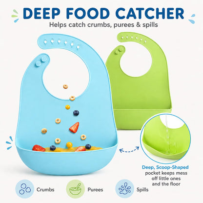 2-Pack Silicone Baby Bibs with Food Catcher Pocket, Waterproof