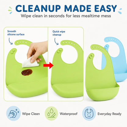 2-Pack Silicone Baby Bibs with Food Catcher Pocket, Waterproof