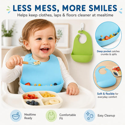 2-Pack Silicone Baby Bibs with Food Catcher Pocket, Waterproof
