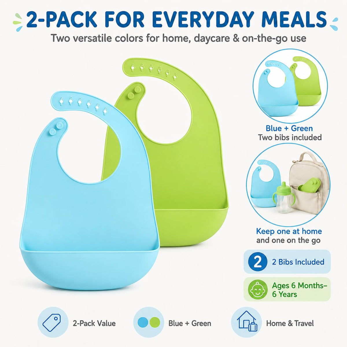 2-Pack Silicone Baby Bibs with Food Catcher Pocket, Waterproof