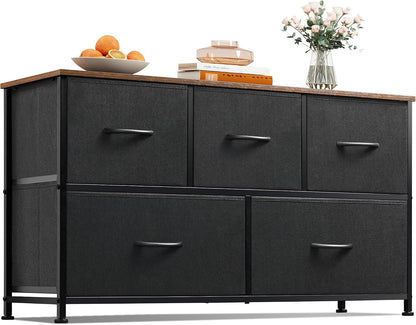 Wide Dresser for Bedroom, 5 Drawer Chest of Drawers, Dark Grey