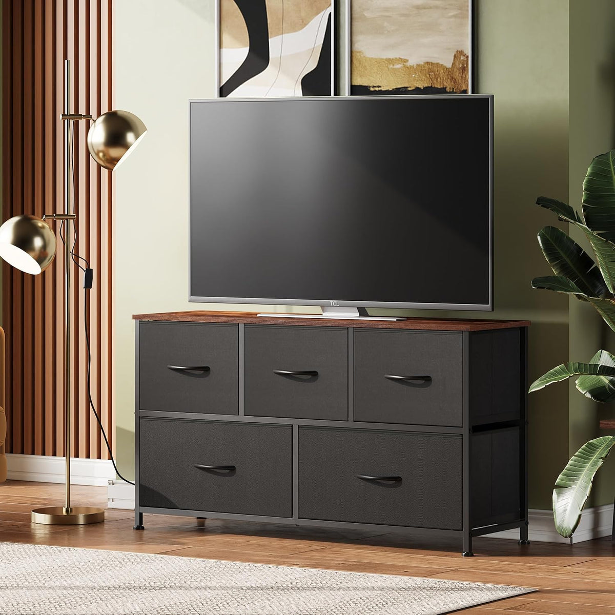 Wide Dresser for Bedroom, 5 Drawer Chest of Drawers, Dark Grey