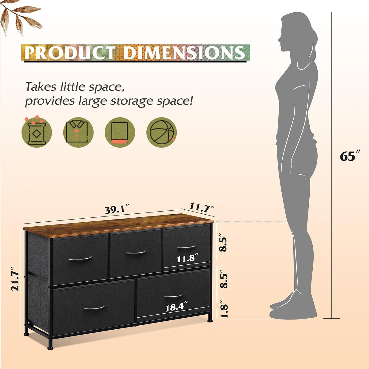 Wide Dresser for Bedroom, 5 Drawer Chest of Drawers, Dark Grey