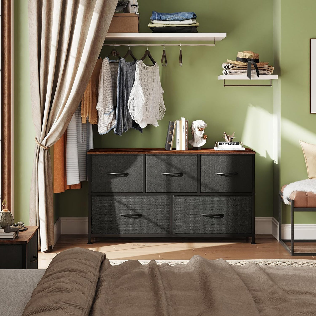 Wide Dresser for Bedroom, 5 Drawer Chest of Drawers, Dark Grey