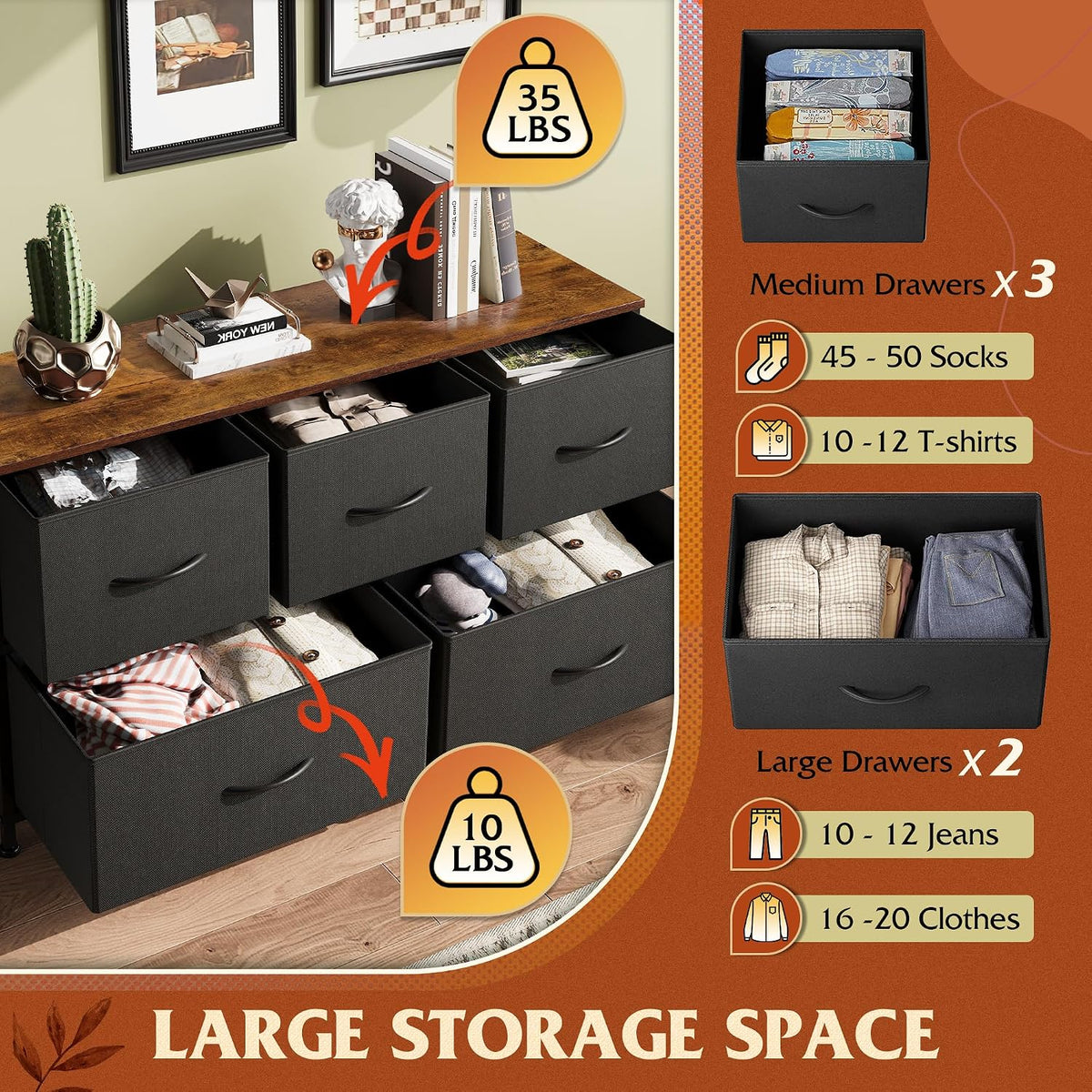 Wide Dresser for Bedroom, 5 Drawer Chest of Drawers, Dark Grey