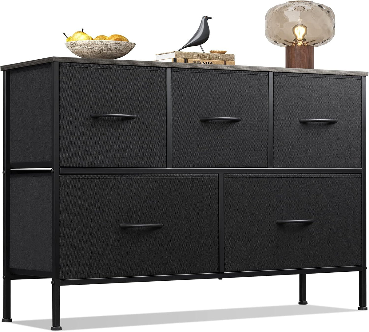 Wide Dresser for Bedroom, 5 Drawer Chest of Drawers, Dark Grey