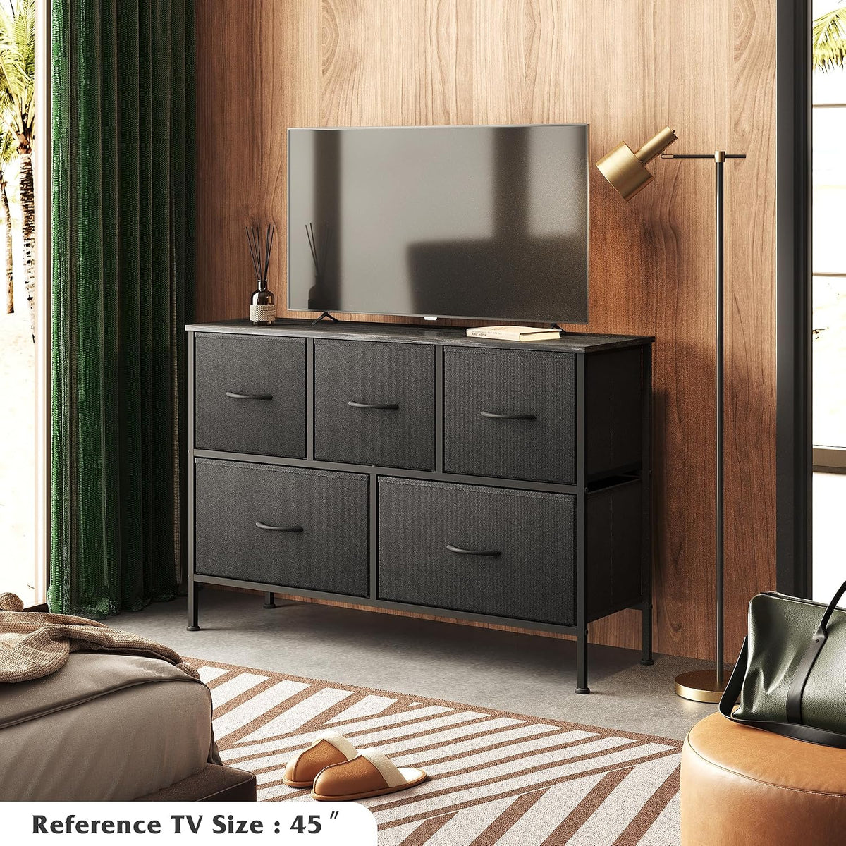 Wide Dresser for Bedroom, 5 Drawer Chest of Drawers, Dark Grey