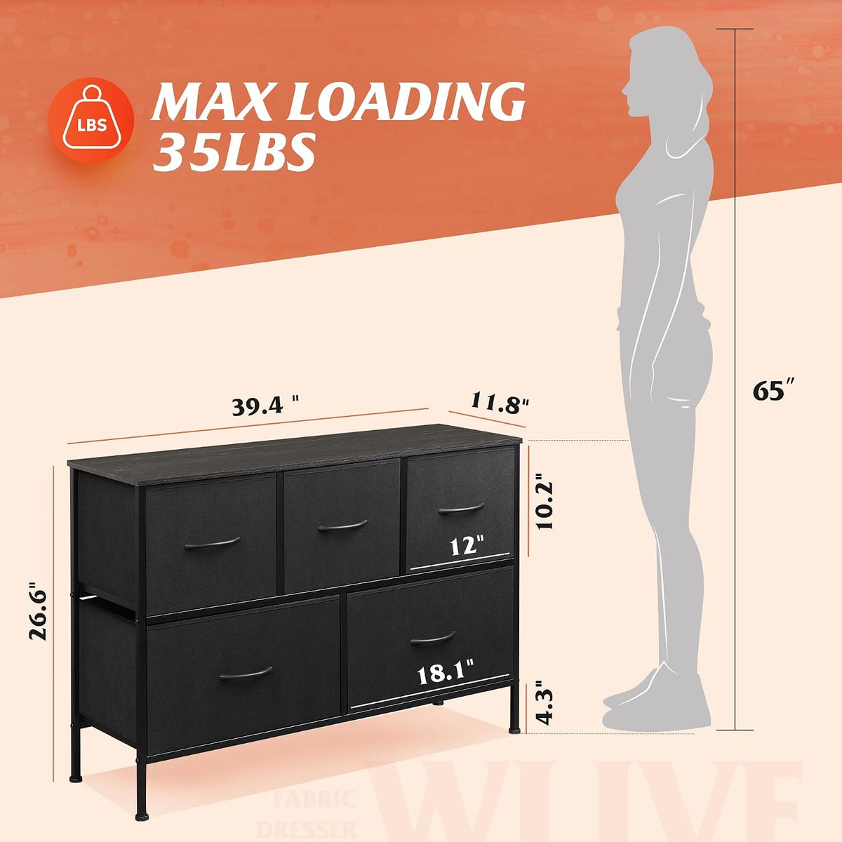 Wide Dresser for Bedroom, 5 Drawer Chest of Drawers, Dark Grey