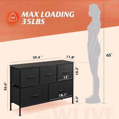 Wide Dresser for Bedroom, 5 Drawer Chest of Drawers, Dark Grey