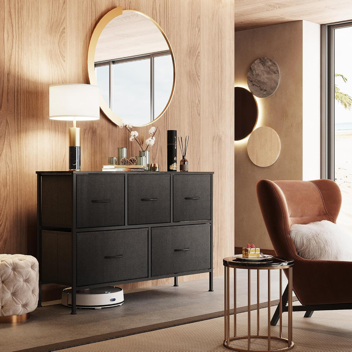 Wide Dresser for Bedroom, 5 Drawer Chest of Drawers, Dark Grey