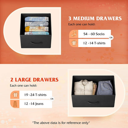 Wide Dresser for Bedroom, 5 Drawer Chest of Drawers, Dark Grey