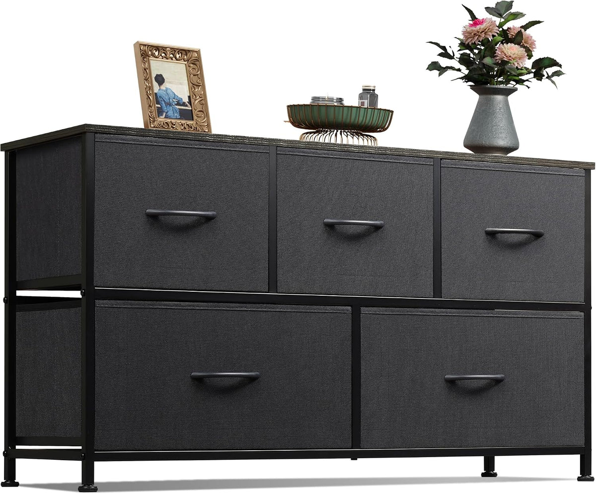 Wide Dresser for Bedroom, 5 Drawer Chest of Drawers, Dark Grey