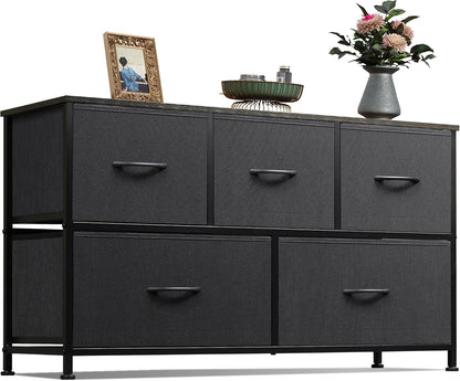 Wide Dresser for Bedroom, 5 Drawer Chest of Drawers, Dark Grey