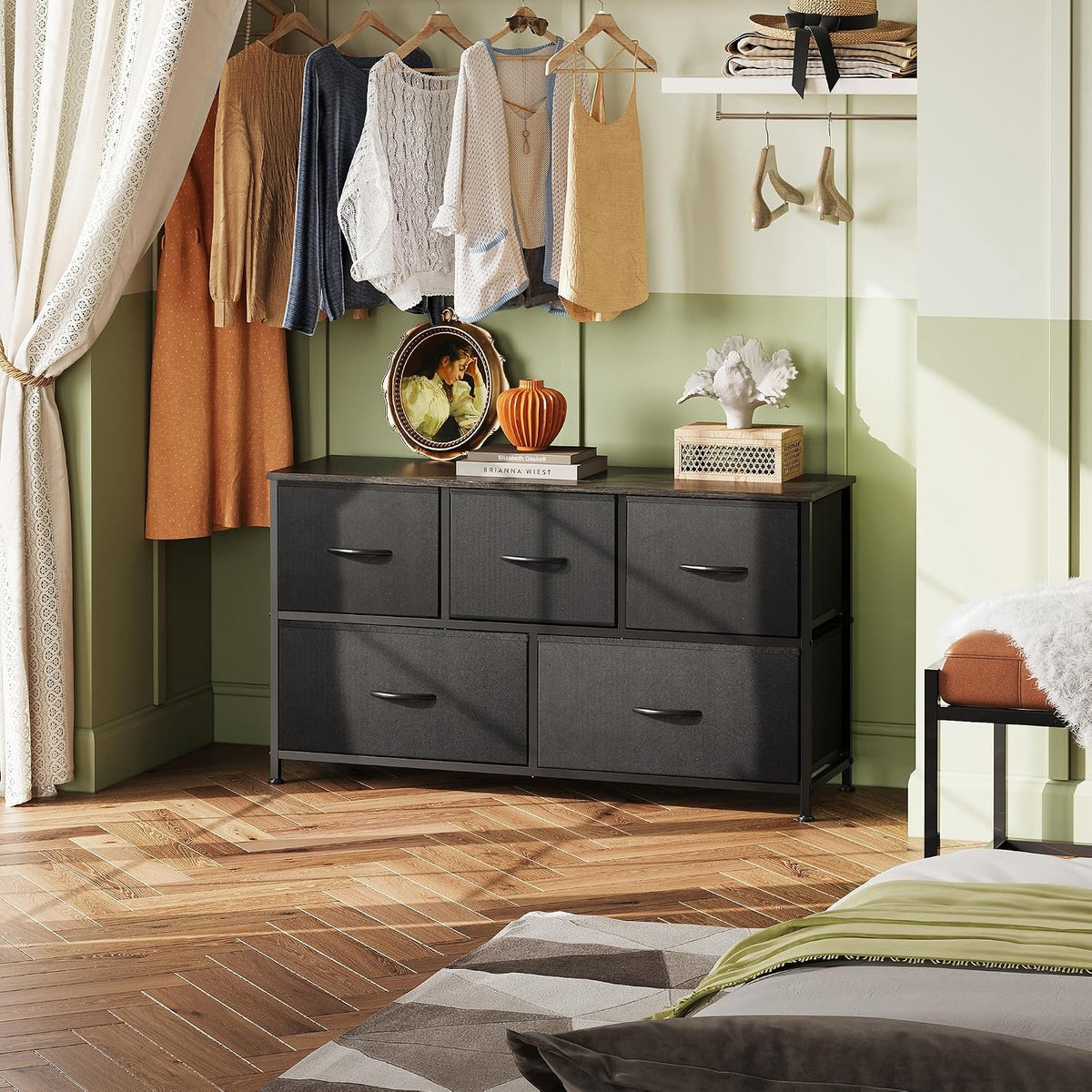 Wide Dresser for Bedroom, 5 Drawer Chest of Drawers, Dark Grey