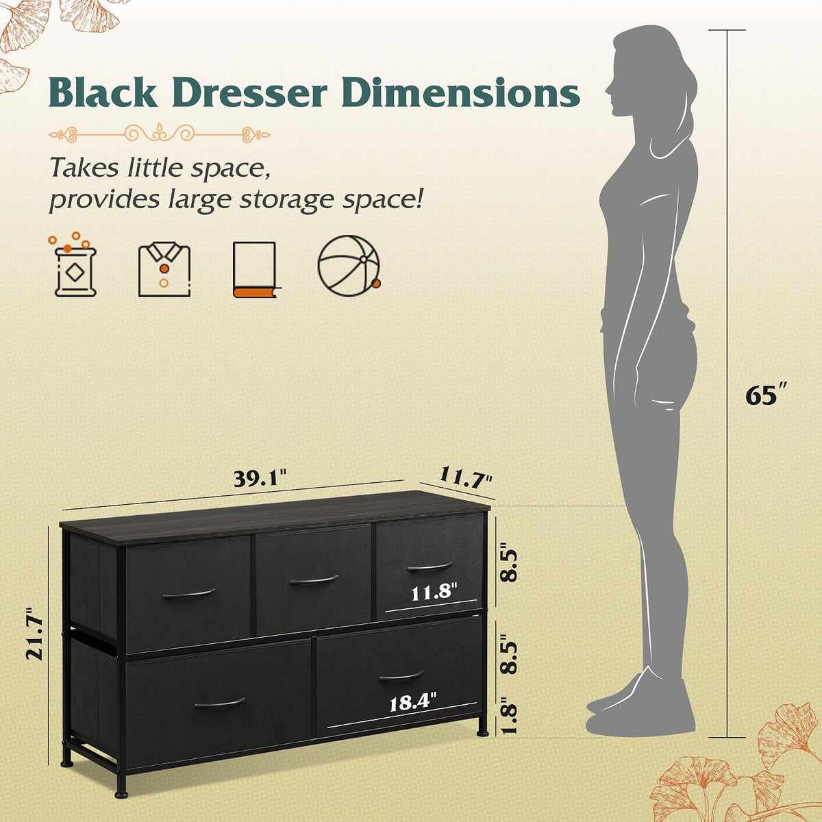 Wide Dresser for Bedroom, 5 Drawer Chest of Drawers, Dark Grey